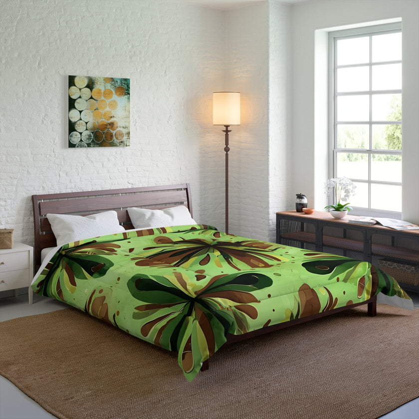 Eco-Friendly Floral Comforter, Nature-Inspired Bedding, Cozy Home Decor, Gift for Plant Lovers, Green and Brown Design