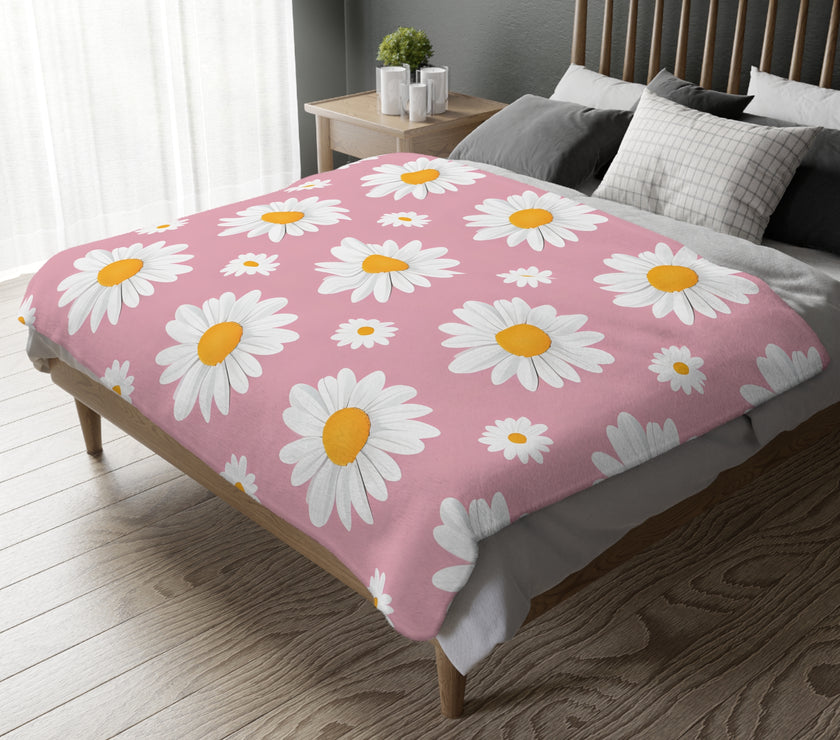 Pink White Daisey Velveteen Microfiber Blanket (Two-sided print)