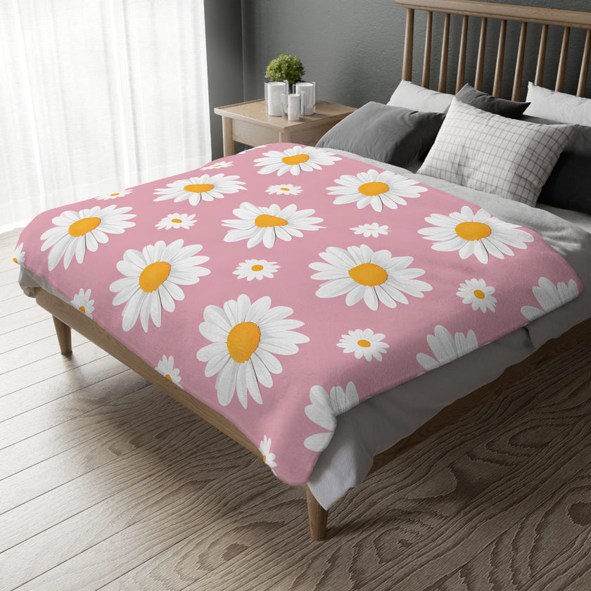 Pink White Daisey Velveteen Microfiber Blanket (Two-sided print)