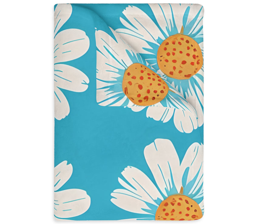 Velveteen Microfiber Blanket, White Daises on Blue Blanket, Floral Throw Blanket, Cozy Couch Blanket, Gift for Her, Home Decor Accent