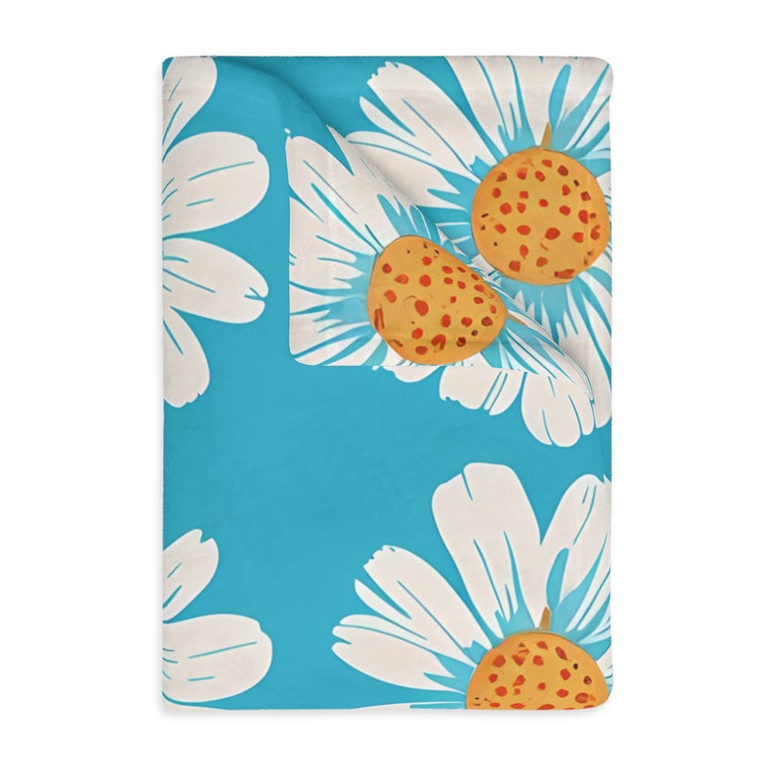 Velveteen Microfiber Blanket, White Daises on Blue Blanket, Floral Throw Blanket, Cozy Couch Blanket, Gift for Her, Home Decor Accent