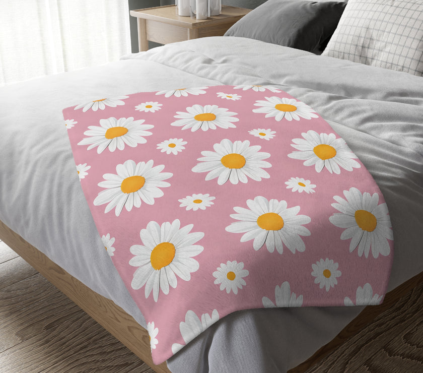 Pink White Daisey Velveteen Microfiber Blanket (Two-sided print)
