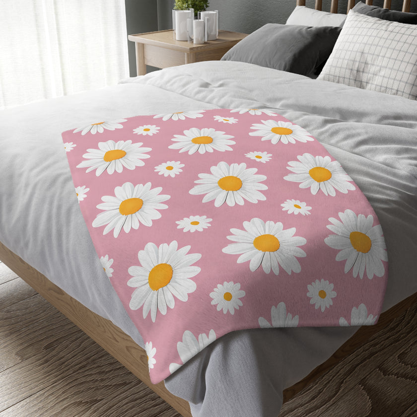 Pink White Daisey Velveteen Microfiber Blanket (Two-sided print)