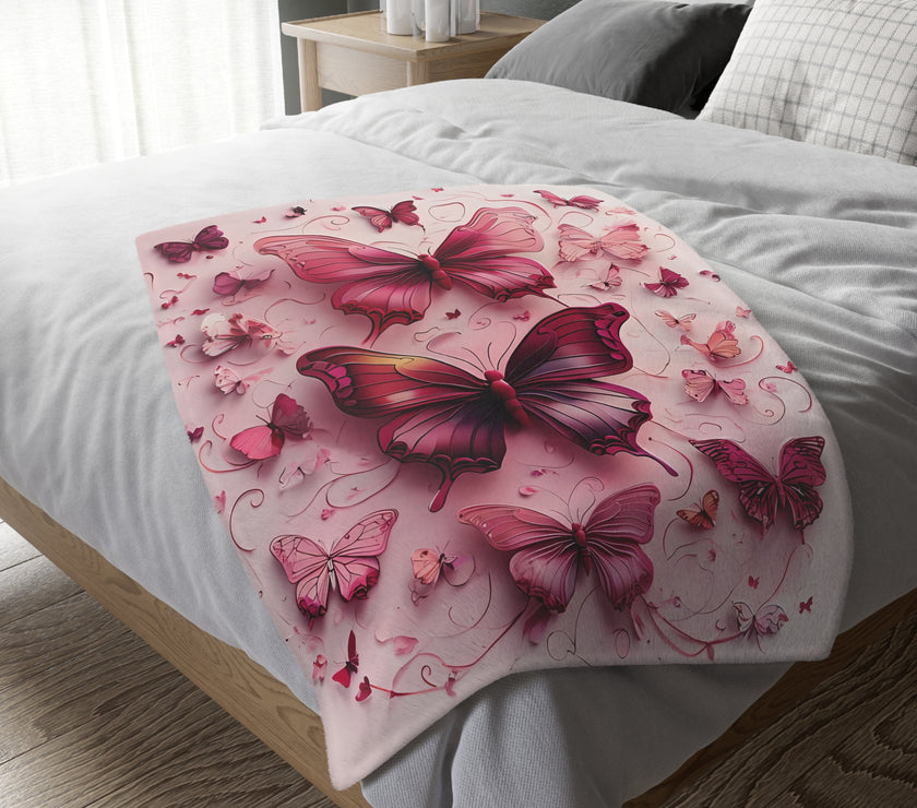 Pink Butterfly  Velveteen Microfiber Blanket (Two-sided print)